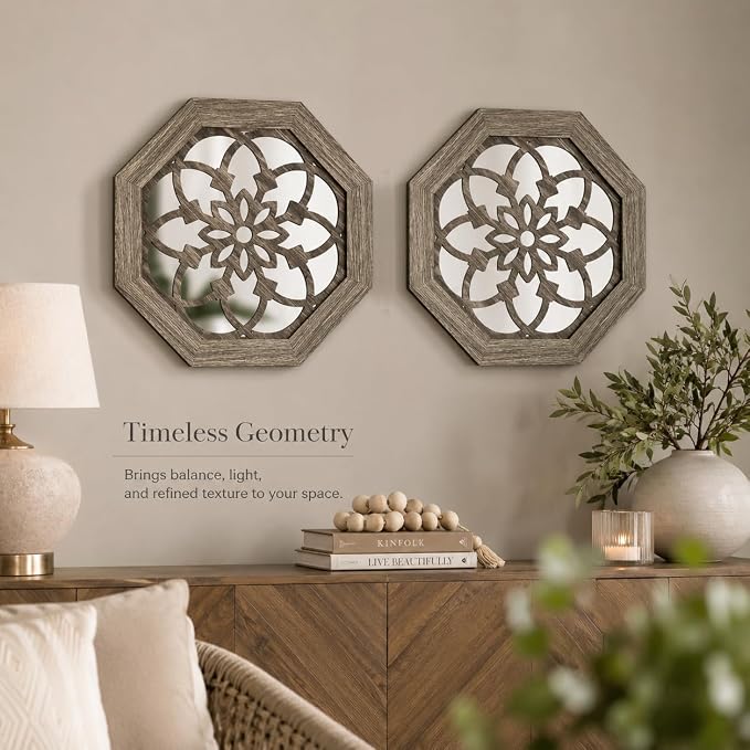 2 Pack 12 Inch Octagon Brown Rustic Wood Frame Acrylic Wall Mirrors, Farmhouse Boho Wall Art Decor for Living Room, Bedroom, Hallway, Entryway, Bathroom & Office - Image 2