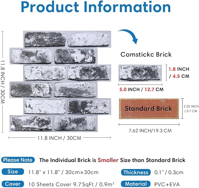 COMSTICKC 3D Faux Brick Wall Panels Peel and Stick, 10 Pcs 11.8" x 11.8" | Whitewash Black, Not Real Brick, Small Size, Ultra-Light Thin PVC, Fake Brick Decorative Tiles for DIY Decor, Cover 9.7 sq ft - Image 4