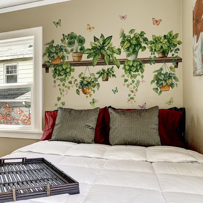 2 Sheets Potted Green Plants Wall Stickers & Murals Peel and Stick Removable Wall Decals Living Room Vinyl 3D Wall Stickers for Bedroom Bathroom Cabinet Vine Wall Clings Decor with Butterflies - Image 4