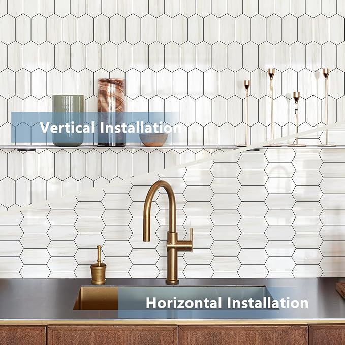 Vamos Tile Long Hexagon Peel and Stick Backsplash Tile - 10 Sheets Stick on Backsplash for Kitchen and Bathroom 12.4 x 12 Inch Glossy Dolomite White PVC Self Adhesive Mosaic Wall Tiles - Image 2