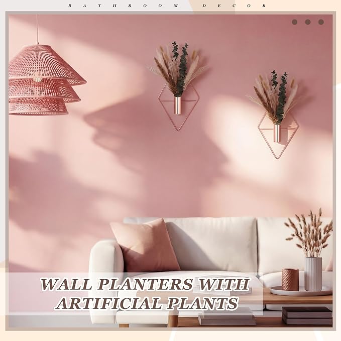 Jexine 4 Pcs Hanging Artificial Planters Wall Decor, Rose Gold, Pampas | Bathroom Wall Decor, Geometric Metal Vase, Indoor Plants, Living Room, Home Office, Entryway, Boho Accent, Wall Mounted - Image 4