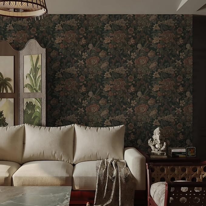 Dimoon Vintage Peel and Stick Wallpaper Dark Green Floral Wall Paper 16.1"x787" Retro Victorian Moody Wallpaper Renter Friendly Dark Floral Gothic Contact Paper for Bedroom Shelf Liner Vinyl Roll - Image 6