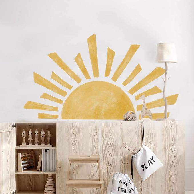 Large Watercolor Boho Sunshine Wall Decal for Kids Playroom | 47.28" x 26.40" Calming Half Sun Wall Sticker, Peel and Stick Sun Rise Wall Mural for Toddler Room and Classroom - Image 8