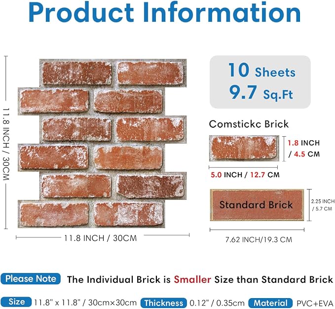 COMSTICKC 3D Faux Brick Wall Panels Peel and Stick | 10 Pcs of 12"X12", Small Size Thin PVC Fake Brick Wall Covering, Not Real Brick, Orange Red, for Quick DIY Wall Upgrades - Image 5