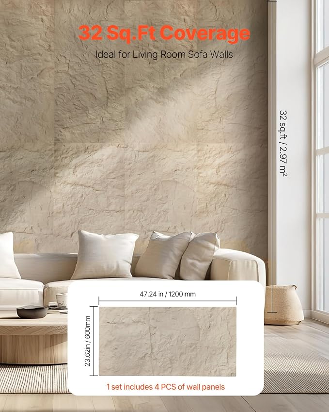 VEVOR 3D Wall Panels, 4 Pack 48 x 24 in PU Natural Stone Imitation Wall Art Tiles, 32 Sq.Ft Coverage Accent Wall Panel, Interior Home Decor for Ceiling, Bedroom, Living & Gaming Room, Stone Yellow - Image 5
