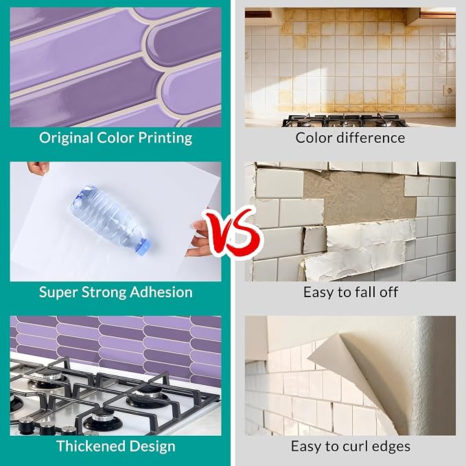 Joysticky 10-Sheet Peel and Stick Backsplash, 12" * 12" Crystal Texture Stick on Tiles Backsplash for Kitchen & Bathroom，Thicker Design Peel and Stick Wall Tiles（Light Purple） - Image 2