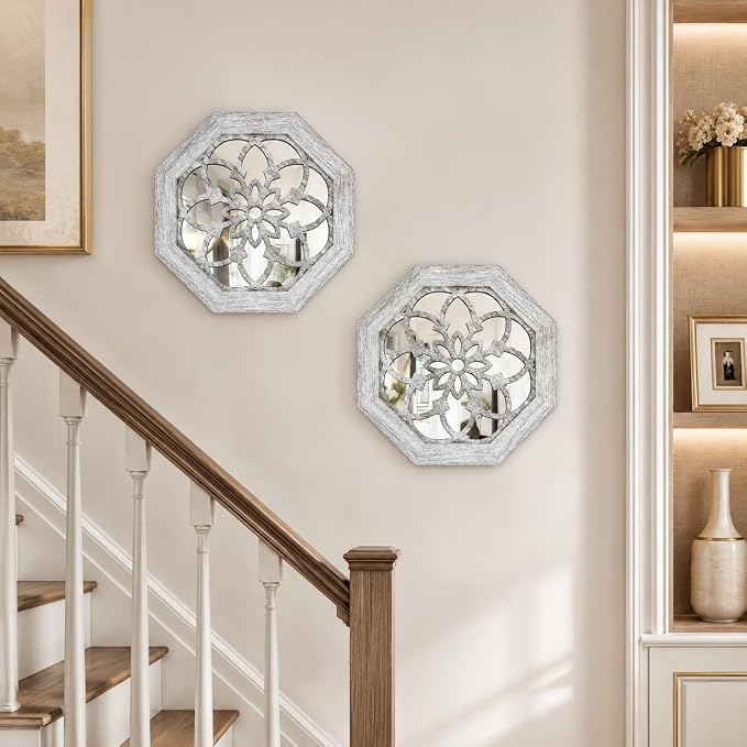 2 Pack 12 Inch Octagon Grey Rustic Wood Frame Acrylic Wall Mirrors, Farmhouse Boho Wall Art Decor for Living Room, Bedroom, Hallway, Entryway, Bathroom & Office - Image 5