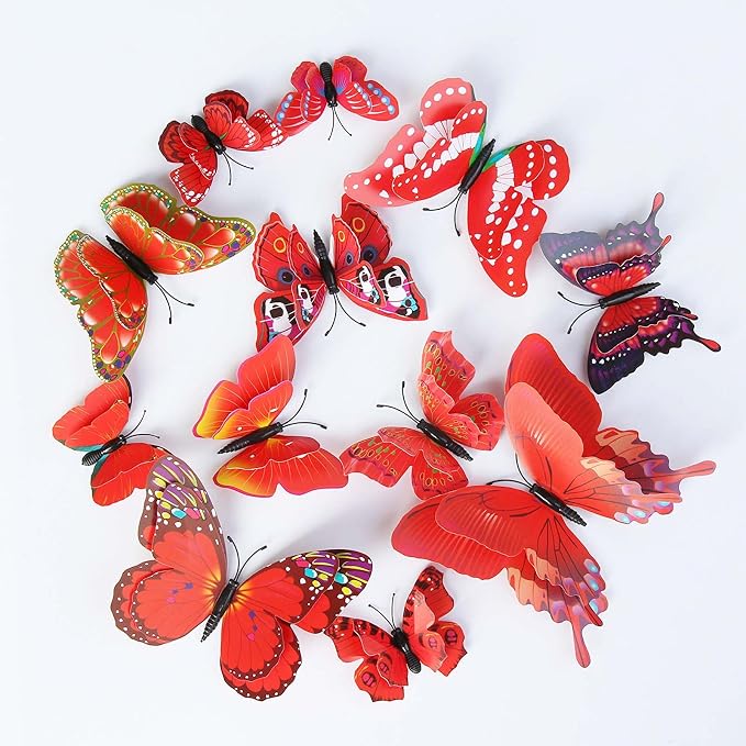 OPSEAM 3D Butterfly Wall Decor Butterfly Decorations Stickers with Magnets | 24 PCS Red,12 Styles Double Layer Butterfly for Classroom Decoration,Locker Refrigerator, Reusable,Waterproof by Opseam
