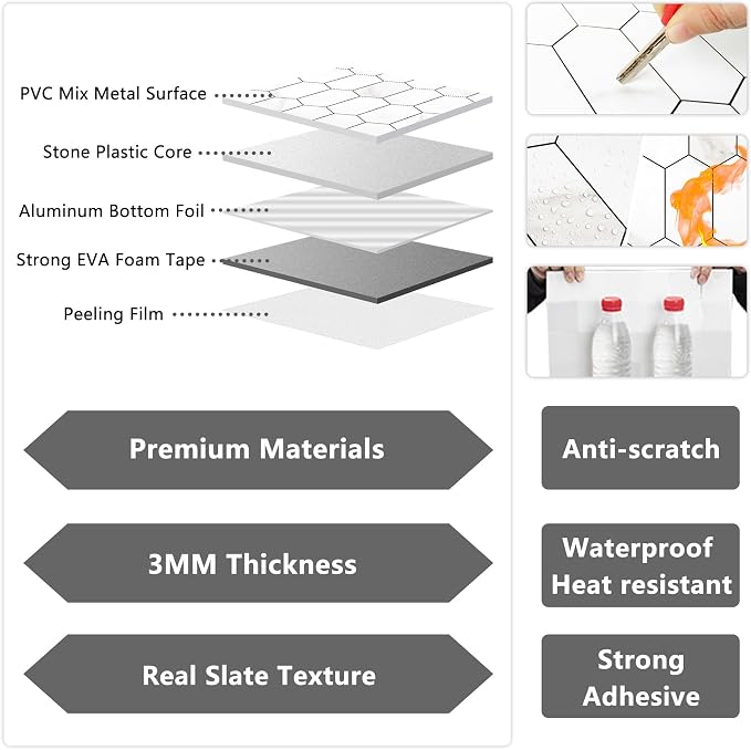 Vamos Tile Long Hexagon Peel and Stick Backsplash Tile - 10 Sheets Stick on Backsplash for Kitchen and Bathroom 12.4 x 12 Inch White Marble Look PVC Self Adhesive Mosaic Wall Tiles - Image 3