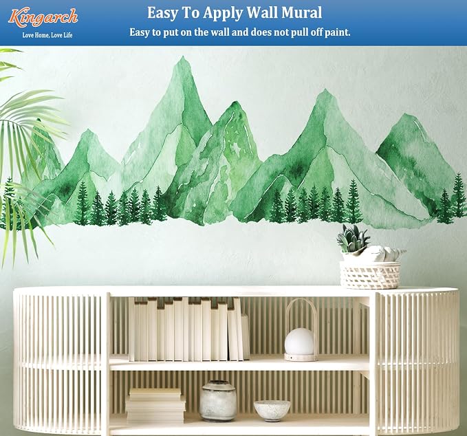 Green Watercolor Mountain Wall Decals Peel and Stick – Scenic Forest Range Mural Pine Trees, Boho Nature Landscape Vinyl Sticker for Bedroom, Nursery, Living Room – Removable DIY Wall Decor Art - Image 6
