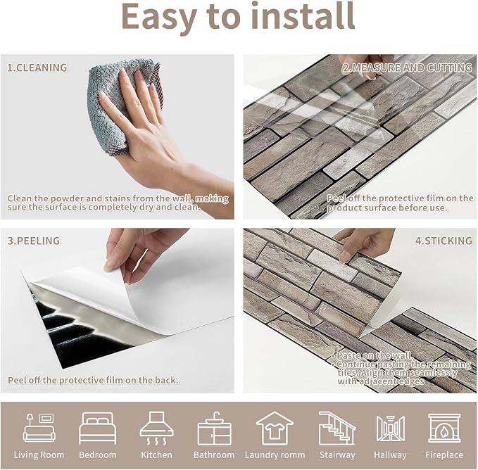 Brick Peel and Stick Kitchen Backsplash Tiles | 10 Sheet 3D Wall Panels Back Splash Waterproof Self Adhesive Wall Stickers for Bathroom Fireplace RV Camper Van（6"x12"） - Image 6