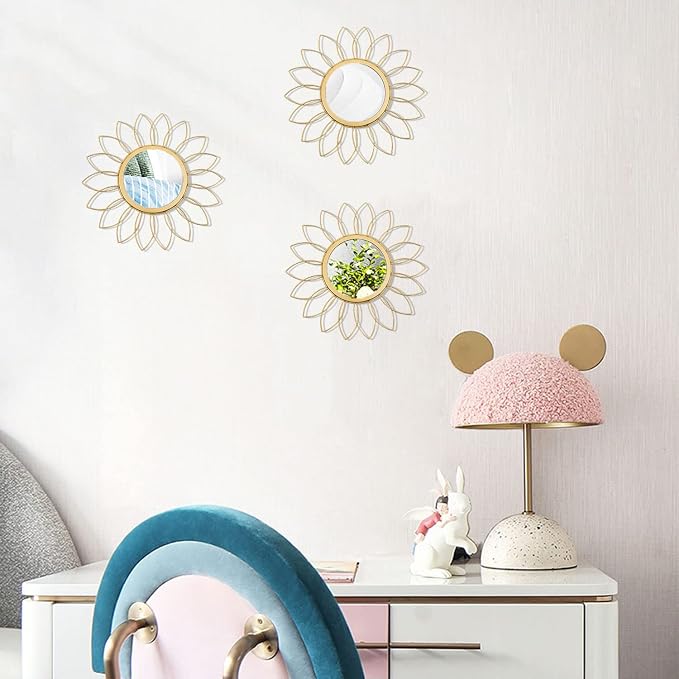 3 Pack Metal Mirrors for Wall Sunburst Wall Mirrors Home Décor Decorative Hanging Wall Art for Living Room Bedroom Entryway (Gold, Flowers) - Image 7