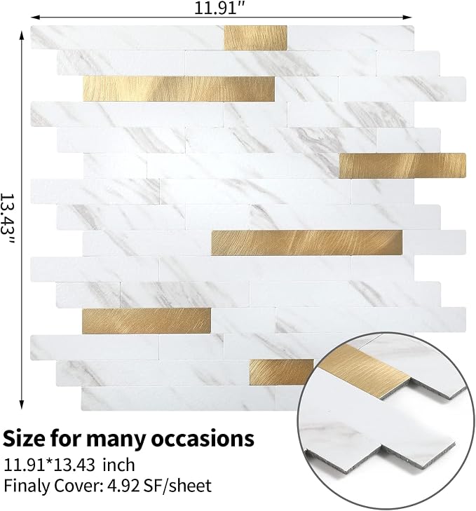 Yipscazo 2026 New Upgrade Peel and Stick Backsplash, Stick on Backsplash Tiles for Kitchen, Bathroom, Fireplace (20 Sheets, White Stone with Gold) - Image 5