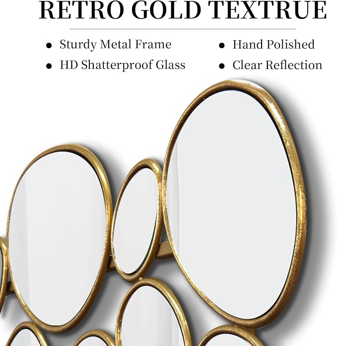 Gold Wall Mirrors Decorative - 51"x23" Large Modern Wall Mirror for Home Decor, 55 Pieces Multi-Size Pebble Design Metal Framed Accent Mirror for Entryway Bedroom Living Room Wall Art Decor - Image 3