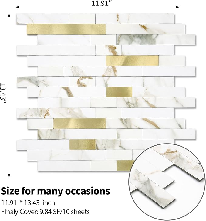 1 - Sheet Peel and Stick Backsplash Wall Tile, PVC Kitchen Backsplash, Stick on Tiles for Backsplash Kitchen (12'' X 12'', White with Gold) - Image 6