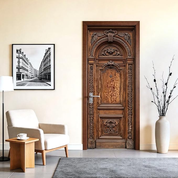 Vintage Wooden Door Mural, Classic Carved Door Decor | Peel-and-stick vinyl door decal, self-adhesive home decor wallpaper, 30.3" W x 78.7" L, 2-pack - Image 2