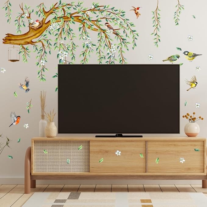 Large Tree Branch Wall Decals Hanging Green Vine Leaves Birds Nest Wall Art Stickers Spring Blossom Flower Tree Home Decor Murals for Living Room Bedroom Tv Background Decor - Image 7