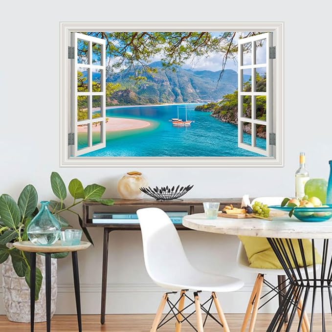 Fake Window Wall Decal- Beach Seascape Mountain Forest Open Wall Sticker | Faux Window Ocean Sailboat Natural Scenery Landscape Art Mural｜Stick and Peel Wall Decals｜for Room Office Scene Decor｜24"x16" - Image 6