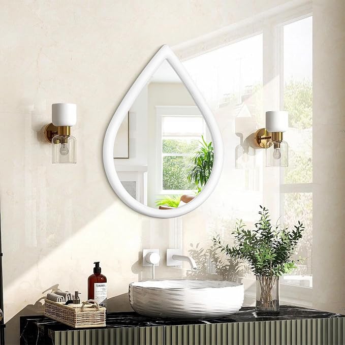 Small Wall Mirror Wood Framed Decorative Mirror White Teardrop Hanging Mirrors Unique Vanity Mirror for Bedroom Bathroom Living Room by FEUFOAM