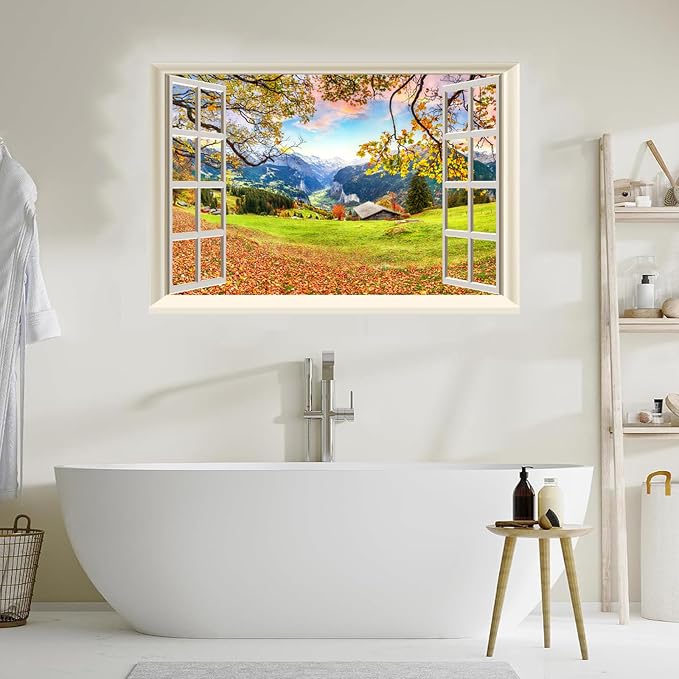 Fake Window Wall Decal- Fall Mountain Tree Grassy Hills Open Wall Sticker | Faux Window Autumn Mountain Rustic Hut Natural Landscape Mural｜Stick and Peel Wall Decals｜Room Decor｜48"x32",Set of 2 Sheets - Image 8