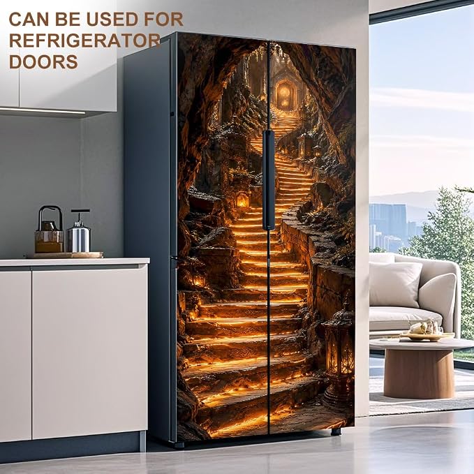 Glowing Cave Staircase Peel and Stick Door Mural 30.31x78.74 in | Glowing cave staircase fantasy scene; self-adhesive vinyl that smooths onto flat hallway or bedroom doors - Image 7