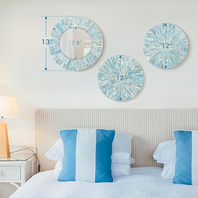 3PCS Natural Mother of Pearl Beach Mirror Wall Art Room Decor,Blue - Image 5