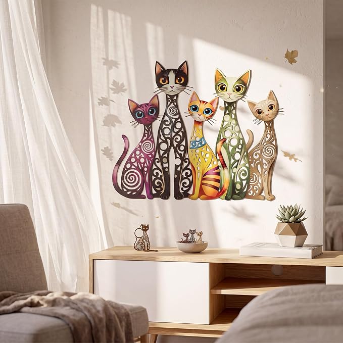Wesiti Metal Cat Wall Decor Art 12x10 Inches Colorful Mid Century | Iron Wall Sculptures with Hollow Carved Design, For Cats Lovers, Living Room Bedroom Kitchen Office Decor, Retro Home Art - Image 3