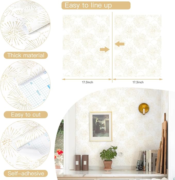 Boho Wallpaper Beige Wall Paper Peel and Stick Modern Beige and White Geometric Fireworks Contact Paper Renter Friendly Self-Adhesive Removable Bathroom Bedroom Laundry Room 17.3" × 197" - Image 3