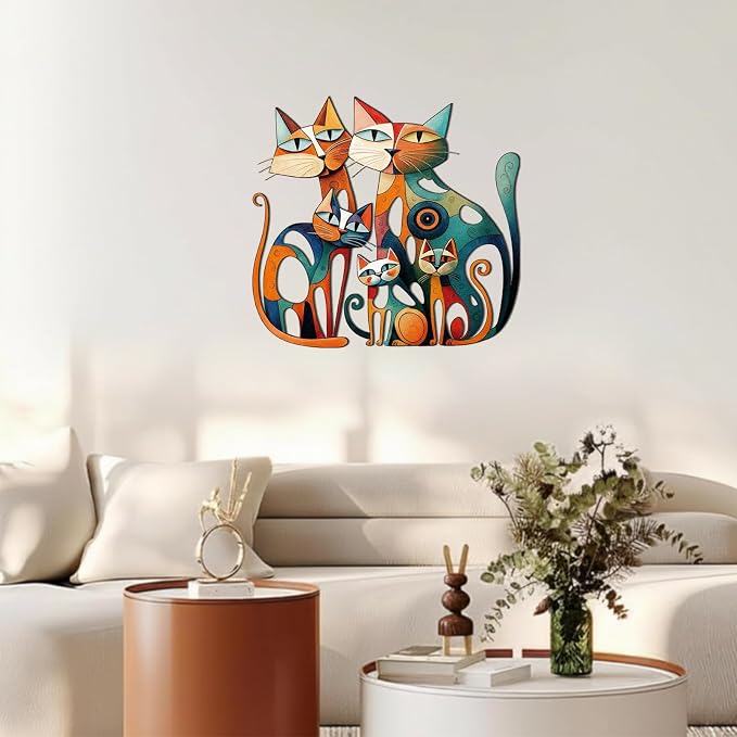 Wesiti Cat Wall Art Metal Decor 13.7x13 Inch Colorful Retro Mid Century | Iron Wall Sculpture, Cat Lover Gift, Bathroom Bedroom Kitchen Office Decor, Colorful Cat Pictures Artwork - Image 6