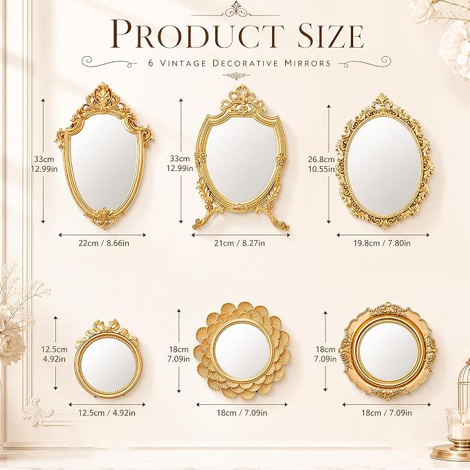 Kathfly 6 Pack Vintage Gold Mirror for Wall Gold Antique Wall Hanging Mirrors for Bedroom Decorative Resin Frame Baroque Style Assorted Sizes Tabletop Tray for Gallery Home Living Room Decor (Round) - Image 3