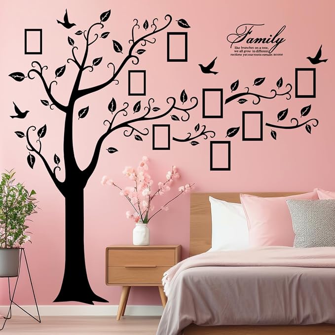 Large Family Photo Tree Wall Sticker 3D Peel and Stick Vinyl Photo Frame Tree Wall Decals Removable Quotes Leaf and Birds Wall Decor for Home Kids Bedroom Living Room Classroom Nursery (Right, Black) - Image 6
