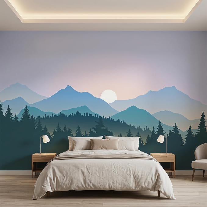 Mountain Landscape Peel and Stick Wallpaper Blue Forest Wall Mural | 137"x96", Self Adhesive Canvas, for Bedroom Living Room Bathroom, Seamless, No overlapping by LOOWAP