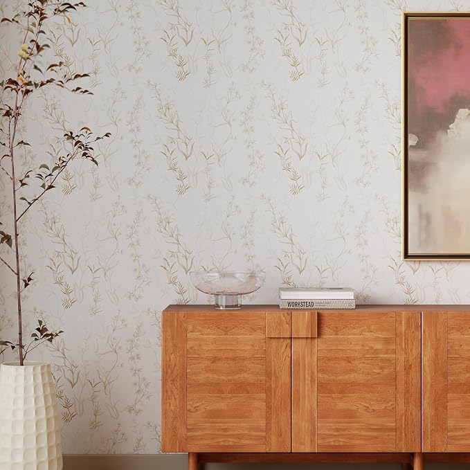 Timeet Botanical Floral Peel and Stick Wallpaper Beige Wildflower Self Adhesive Wall Paper Removable Plant Vine Wallpaper Contact Paper for Living Room Bedroom Accent Decor 17.7" x 197" - Image 7