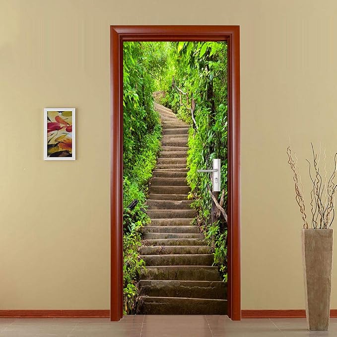 Door Stickers Peel and Stick Murals - Wall Covers Decorative Decal Forest | 30.3"W x 78.7"H, 3D Path&Trees Wallpaper，Waterproof Removable Opaque Vinyl Self Adhesive Fake Door Decor for Home Office by ChezMax