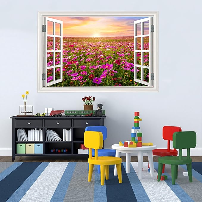 Fake Window Wall Sticker- Sunrise Pink Flower Garden Open Wall Art Decal | Faux Window Natural Scenery Landscape Mural｜ Stick and Peel Wall Decals｜for Room Bedroom Office Decor｜48"x32",Set of 2 Sheets - Image 5