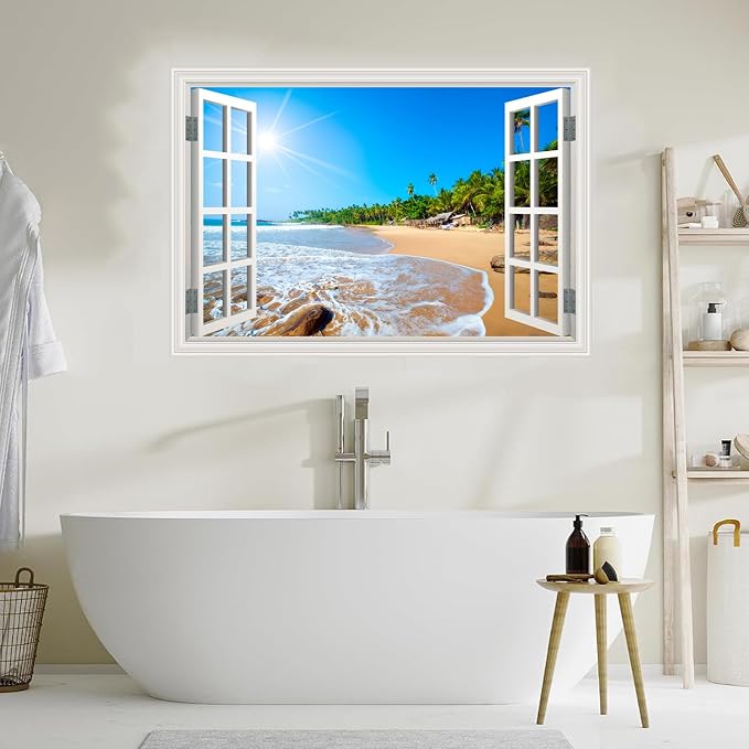 Fake Window Wall Decal- Summer Beach Seascape Coast Open Wall Art Sticker | Faux Window Tropical Ocean Natural Landscape Mural｜ Stick and Peel Wall Decals｜for Room Office Decor｜48"x32",Set of 2 Sheets - Image 6