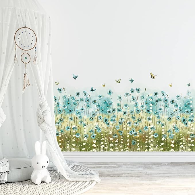 LiveGallery Blue Flowers Wall Decals White Daisy Wall Stickers DIY Peel and Stick Butterfly Plants Wall Sticker for Baby Kids Girls Bedroom Nursery Living Room Office Corners Skirting Lines - Image 4