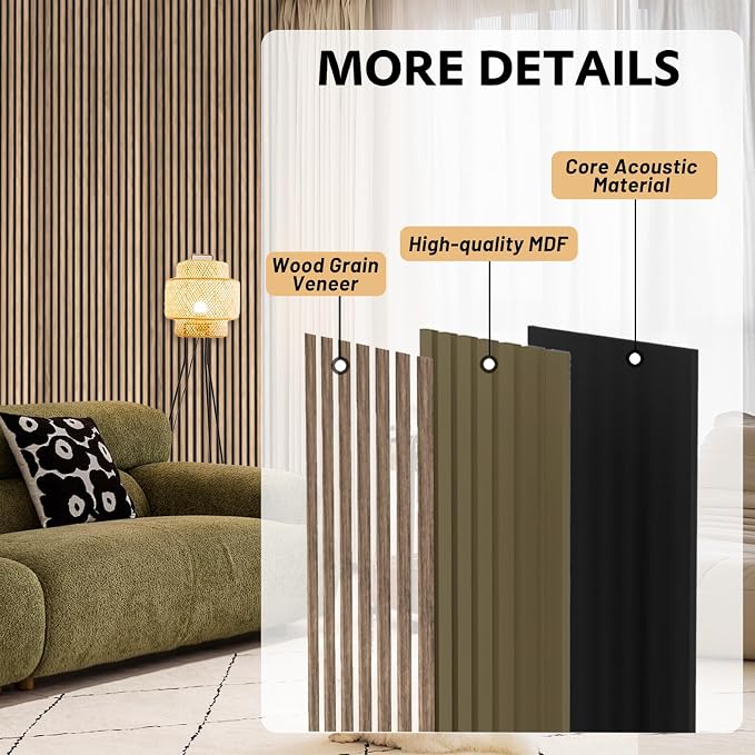 RITOLLO Wood Panels for Wall, Acoustic Wall Panels 94.5 x 11 in, 80 Pack, 3D Wood Slat Sound Absorbing Panels for Interior Wall Decor, Home Office Studio (Natural Walnut) - Image 7