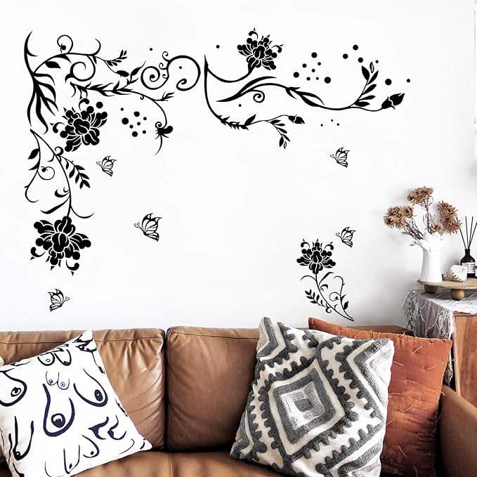 Supzone Flowers & Butterflies Wall Decals - DIY Black & Floral Wall Stickers for Bedrooms & Living Rooms - Image 2
