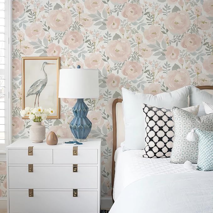Orainege Peel and Stick Wallpaper Floral Wallpaper | 17.3in x196.8in Floral Contact Paper Peony Self Adhesive Removable Wallpapers for Bedroom Nursery Walls, Light Pink - Image 2