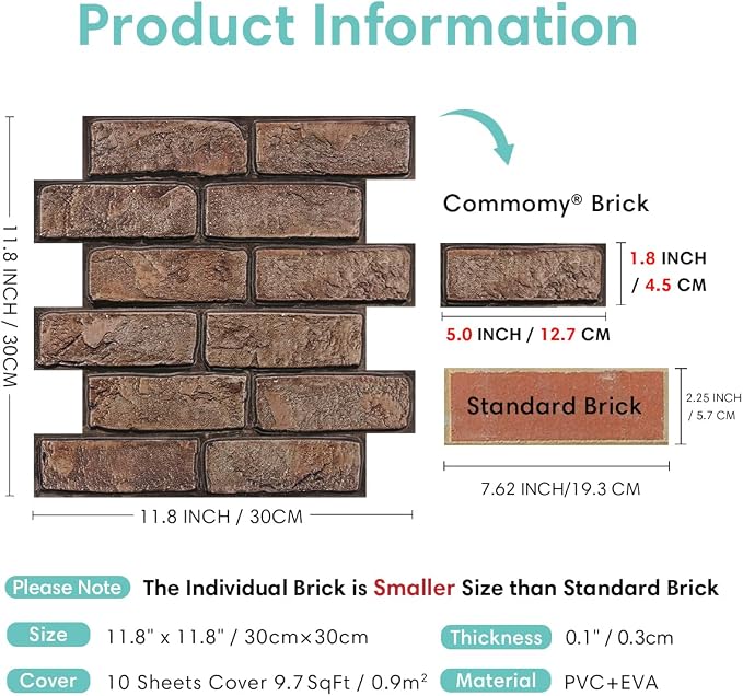 Commomy Faux Brick Wall Panels Peel and Stick Thin PVC 10 Pcs 11.8" x 11.8" | Small Size Thin PVC Quick Wall Covering Home Decor for Kitchen,Fireplace,Home Office (Covers 9.7 sq.ft) - Image 5