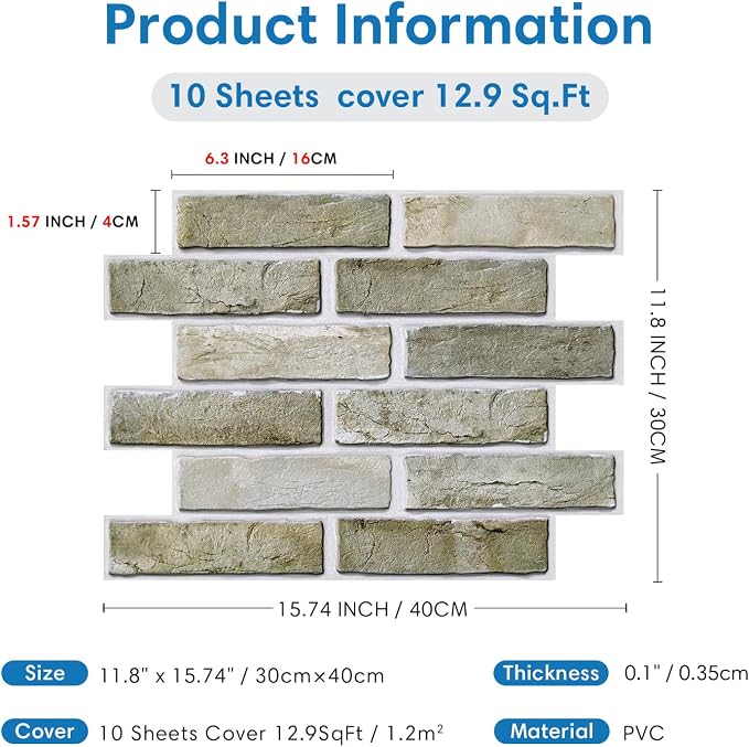 COMSTICKC 3D Faux Brick Wall Panels Peel and Stick Decorative Tiles Sticker | 10 Pcs 15.7" x 11.8", Green-Gray, Not Real Brick, Thin PVC Fake Brick Backsplsh Wall Covering for DIY, Cover 12.9 sq ft - Image 5