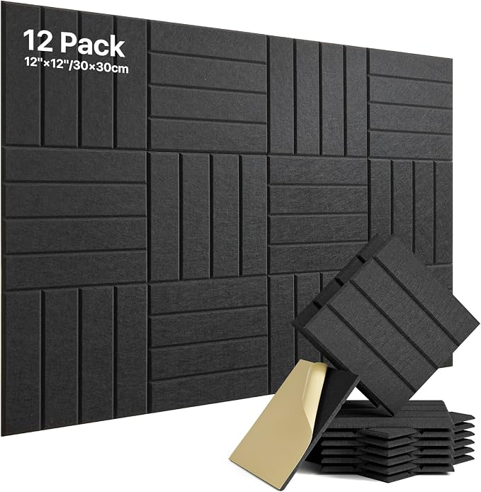 Soundsbay Sound Proof Foam Panels for Walls Self-Adhesive, 12-Pack 12"X12" | Cover 11.6 sq.ft, 150kg/m³ High-Density Polyester, Soundproof Wall Panels for Recording Studio, Home Theater, Office Black by Soundsbay