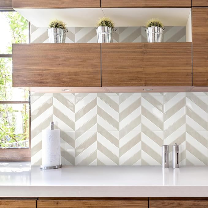 STICKGOO Herringbone Peel and Stick Backsplash, White & Beige, 10 Sheets | 12.6 x 9.7 in, Thicker Rectangular Vinyl Stick-On Wall Tiles, Easy Alignment, Waterproof, Easy to Clean, Kitchen/Bathroom - Image 7