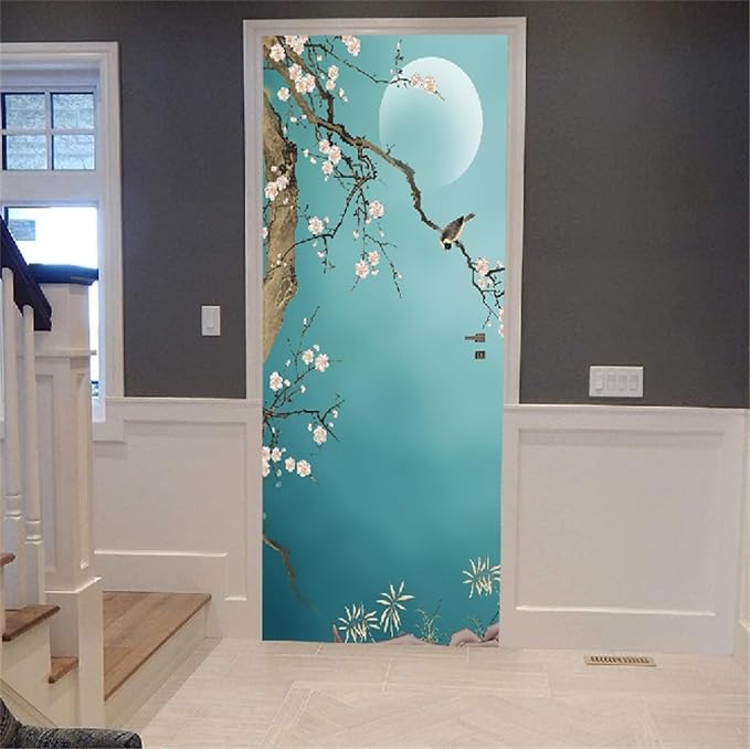 artfanke 3D Door Sticker Peel and Stick 33.5"x84.6"-Self-Adhesive Door Wallpaper Murals Poster - Hand-Painted Plum Bird Wall Decal for Home Decor (2 Sheets/Set) - Image 3