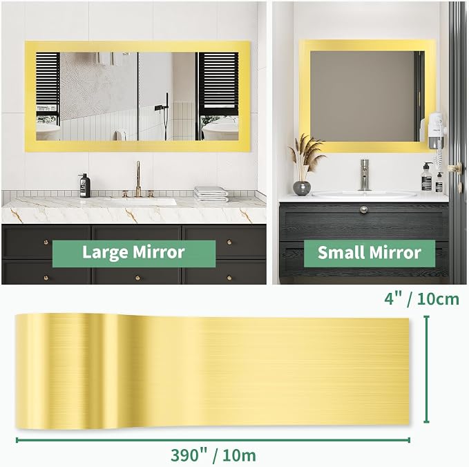 Peel and Stick Wallpaper Borders 390” x 4” Self Adhesive Mirror Frame Border Brushed DIY for Kitchen Bathroom Mirror Removal Border Sticker Wall Decor Cover 10.8 Sq.Ft, Brushed Golden - Image 3