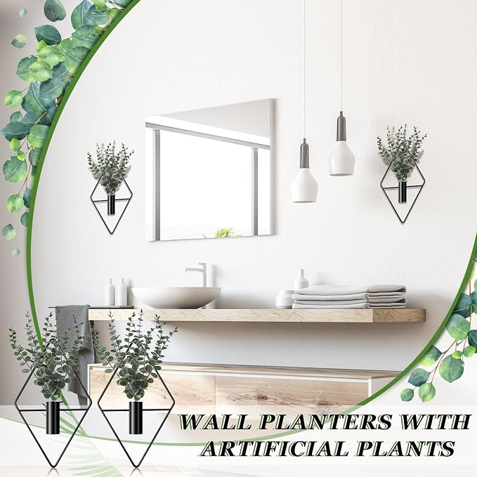 Jexine 4 Pcs Hanging Artificial Planters Wall Decor, Black, Eucalyptus | Bathroom Wall Decor, Geometric Metal Vase, Indoor Plants, Living Room, Home Office, Entryway, Boho Accent, Wall Mounted - Image 5