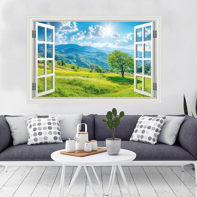 Fake Window Wall Sticker Summer Mountain Grassland Green Forest Tree Faux Window Poster Decal Picture Open Wall Art Decor, Stick and Peel Landscape Natural Scenery Sunshine Scene Mural,16"x24" - Image 6