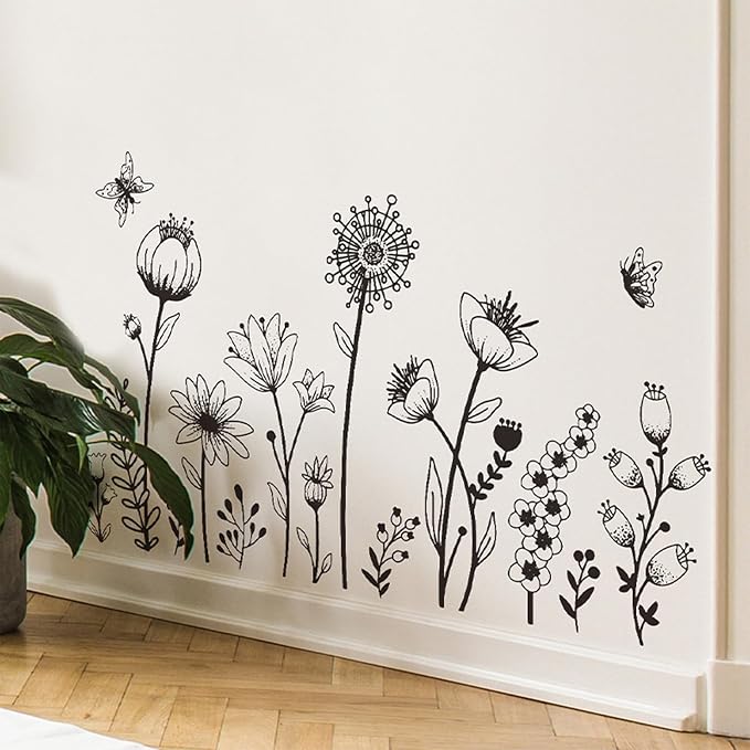Black Boho Wall Decal Simple Sketch Flower Wall Stickers, Floral Wildflower Sticker Dandelion Peel Stick Wall Art Decor Bedroom Home Room Office Garden Hall Adult Gifts for Mom - Image 5