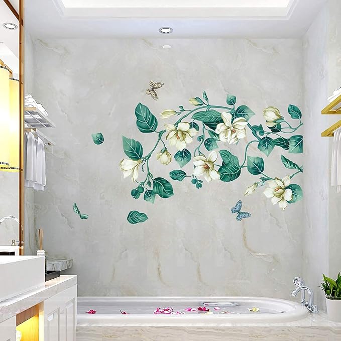 LiveGallery Removable Vinyl Fresh Green Leaf and White Flower Wall Sticker Murals Kids Girls Bedroom Nursery Rooms Wall Decals 3D Peel and Stick Decor for Home Living Room Offices Wall Corner - Image 3